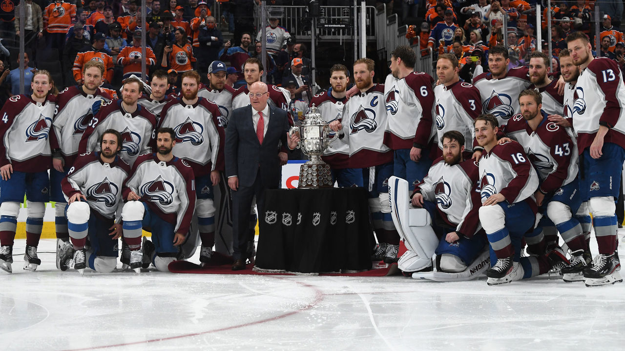 EDMONTON, ALBERTA - JUNE 06: The Colorado Avalanche pose with the Clarence S. Campbell Bowl after defeating the Edmonton Oilers 6-5 in overtime in Game Four of the Western Conference Final of the 2022 Stanley Cup Playoffs at Rogers Place on June 06, 2022 in Edmonton, Alberta.