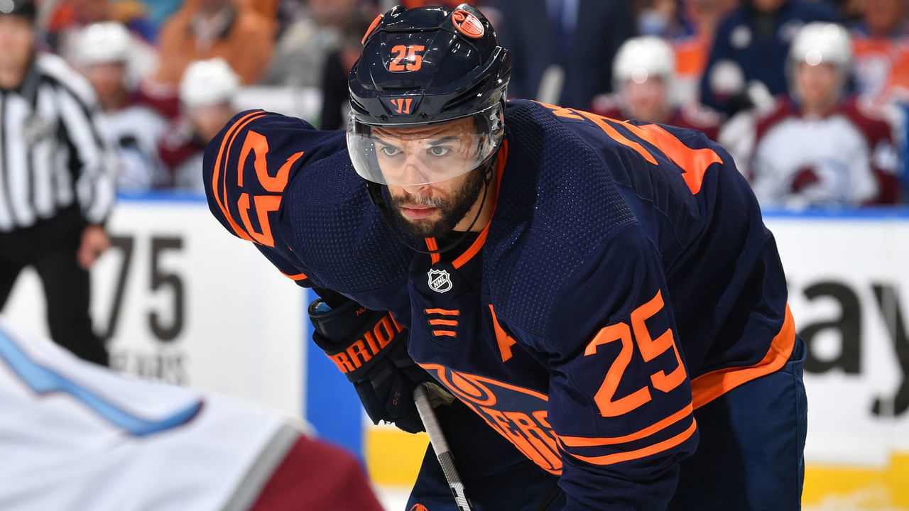 EDMONTON, AB - JUNE 4: Darnell Nurse #25 of the Edmonton Oilers lines up for a face off during Game Three of the Western Conference Finals of the 2022 Stanley Cup Playoffs against the Colorado Avalanche on June 4, 2022 at Rogers Place in Edmonton, Alberta, Canada.