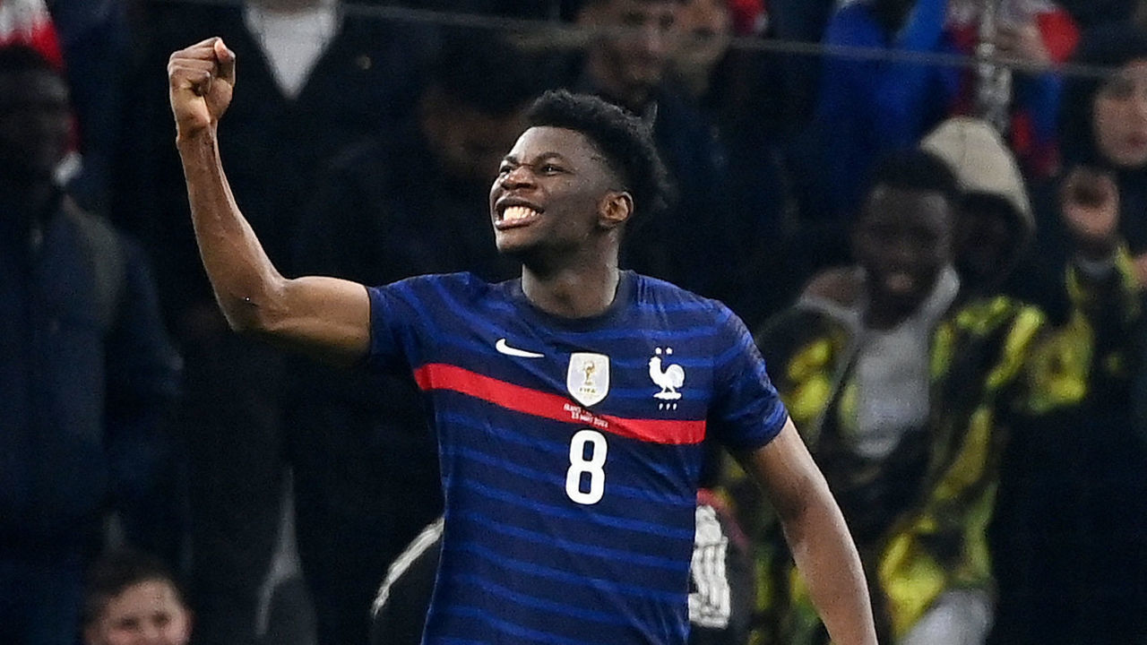 France's midfielder Aurelien Tchouameni celebrates after scoring a goal during the friendly football match between France and Ivory Coast at the Velodrome Stadium in Marseille, southern France, on March 25, 2022.