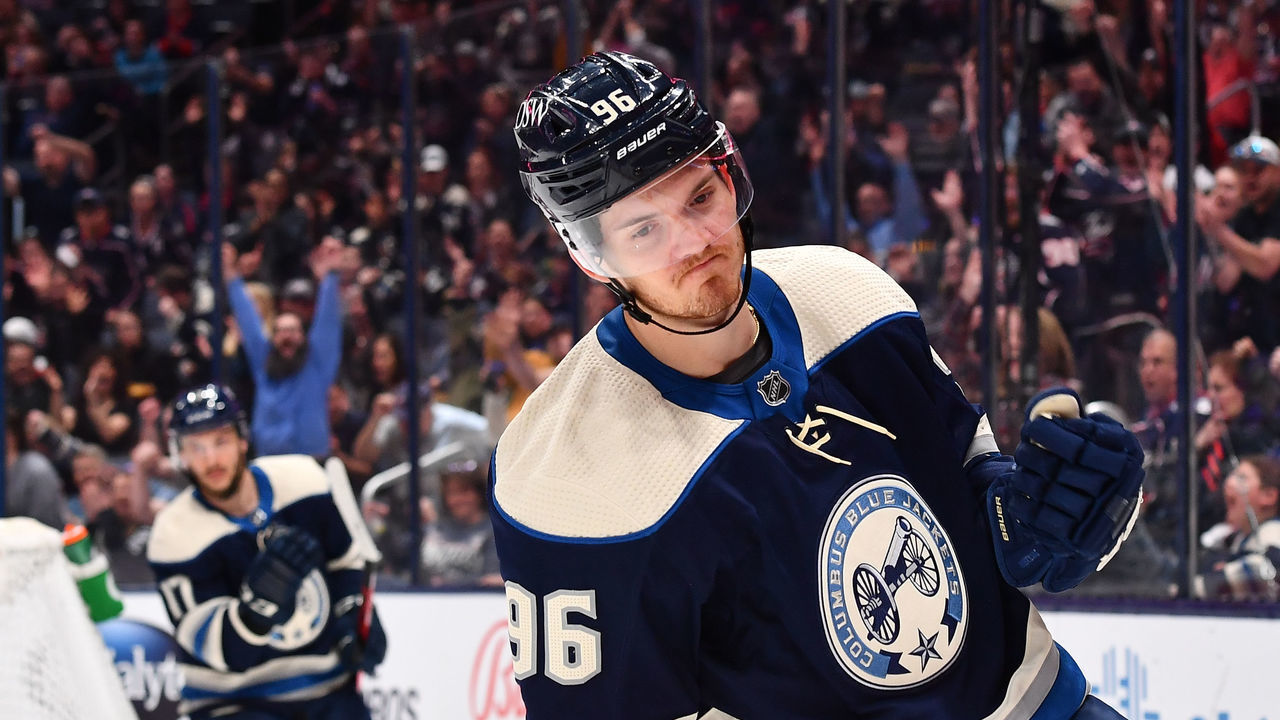 COLUMBUS, OH - APRIL 22: Jack Roslovic #96 of the Columbus Blue Jackets celebrates his power play goal during the first period against the Ottawa Senators at Nationwide Arena on April 22, 2022 in Columbus, Ohio.