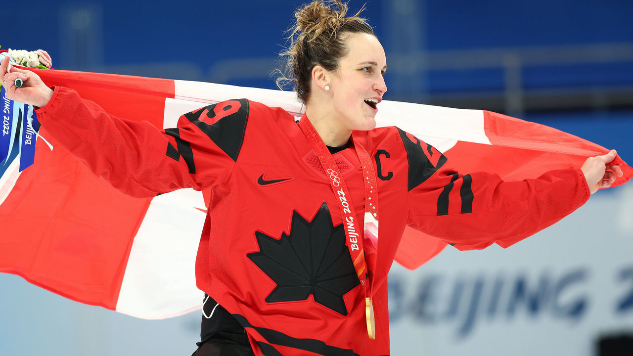 BEIJING, CHINA - FEBRUARY 17: Marie-Philip Poulin #29 of Team Canada celebrates winning a gold medal after the Women's Ice Hockey Gold Medal match between Team Canada and Team United States on Day 13 of the Beijing 2022 Winter Olympic Games at Wukesong Sports Centre on February 17, 2022 in Beijing, China.