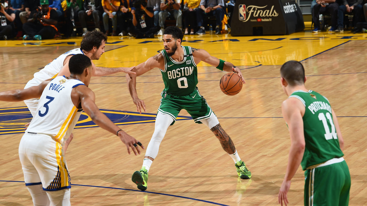 SAN FRANCISCO, CA - JUNE 5: Jayson Tatum #0 of the Boston Celtics dribbles the ball during Game Two of the 2022 NBA Finals on June 5, 2022 at Chase Center in San Francisco, California. NOTE TO USER: User expressly acknowledges and agrees that, by downloading and or using this photograph, user is consenting to the terms and conditions of Getty Images License Agreement. Mandatory Copyright Notice: Copyright 2022 NBAE