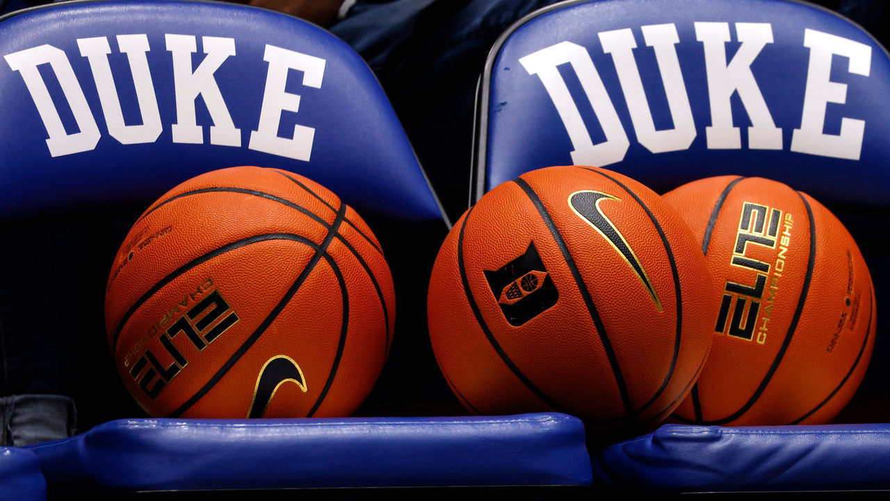 DURHAM, NC - DECEMBER 18: A detail view of Nike basketballs prior to the game between the Elon Phoenix and the Duke Blue Devils at Cameron Indoor Stadium on December 18, 2021 in Durham, North Carolina.