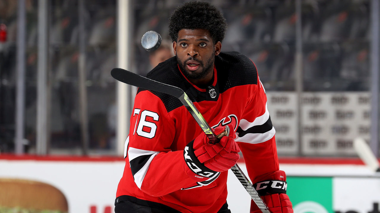 NEWARK, NEW JERSEY - APRIL 21: P.K. Subban #76 of the New Jersey Devils bounces the puck during warm ups before the game against the Buffalo Sabres at Prudential Center on April 21, 2022 in Newark, New Jersey.