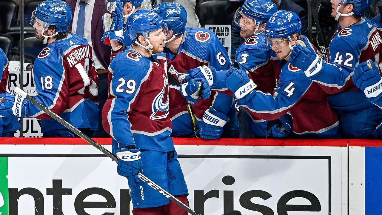 DENVER, CO - MAY 25: Colorado Avalanche center Nathan MacKinnon (29) is congratulated after scoring a first period goal against the St. Louis Blues during a Stanley Cup Playoffs round 2 game between the St. Louis Blues and the Colorado Avalanche at Ball Arena in Denver, Colorado on May 25, 2022.