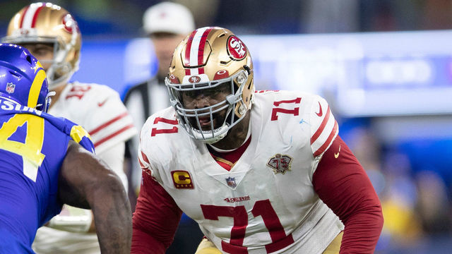 INGLEWOOD, CA - JANUARY 30: Trent Williams #71 of the San Francisco 49ers blocks during the game against the Los Angeles Rams at SoFi Stadium on January 30, 2022 in Inglewood, California. The Rams defeated the 49ers 20-17.