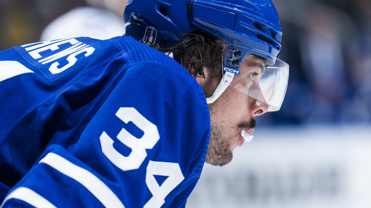 TORONTO, ON - MAY 4: Auston Matthews #34 of the Toronto Maple Leafs looks on against the Tampa Bay Lightning during the second period in Game Two of the First Round of the 2022 Stanley Cup Playoffs at the Scotiabank Arena on May 4, 2022 in Toronto, Ontario, Canada.