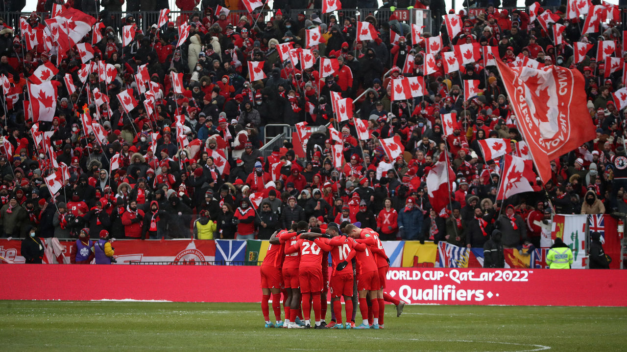 TORONTO, ON- MARCH 27 - Canada huddles before the game as Canada beats Jamaica in FIFA CONCACAF World Cup Qualifying 4-0 to Qualify for the World Cup in Qatar in BMO Field in Toronto. March 27, 2022. (Steve Russell/Toronto Star via Getty Images)