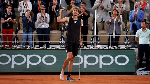 PARIS, FRANCE - JUNE 03: Alexander Zverev of Germany leaves the court on crutches after being forced to retire following an injury against Rafael Nadal of Spain during the Men's Singles Semi Final match on Day 13 of The 2022 French Open at Roland Garros on June 03, 2022 in Paris, France.