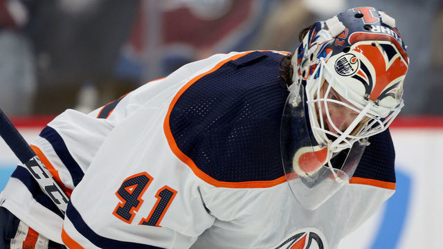 DENVER, COLORADO - JUNE 02: Mike Smith #41 of the Edmonton Oilers reacts against the Colorado Avalanche during the second period in Game Two of the Western Conference Final of the 2022 Stanley Cup Playoffs at Ball Arena on June 02, 2022 in Denver, Colorado.
