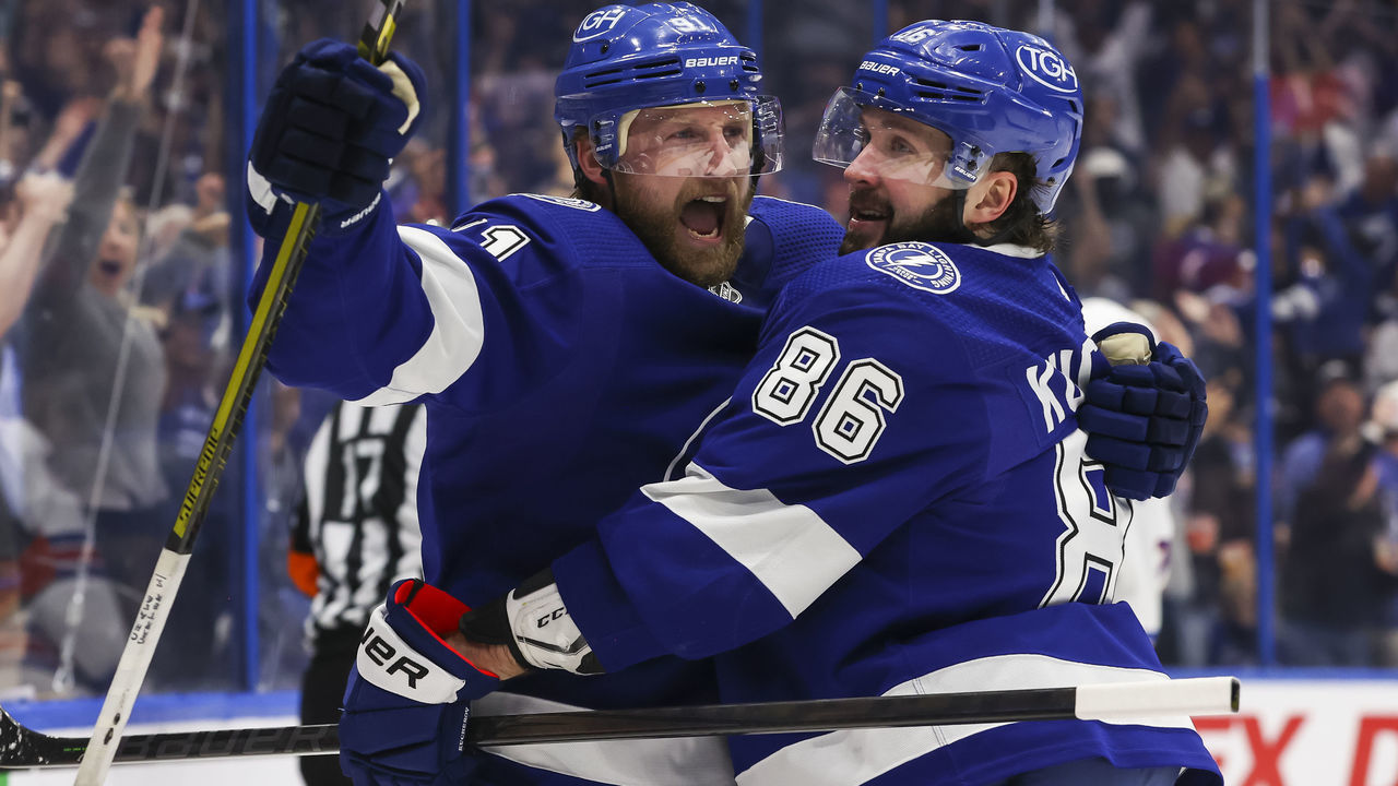 TAMPA, FL - JUNE 7: Steven Stamkos #91 of the Tampa Bay Lightning celebrates a goal with teammate Nikita Kucherov #86 against the New York Rangers during the third period in Game Four of the Eastern Conference Final of the 2022 Stanley Cup Playoffs at Amalie Arena on June 7, 2022 in Tampa, Florida.