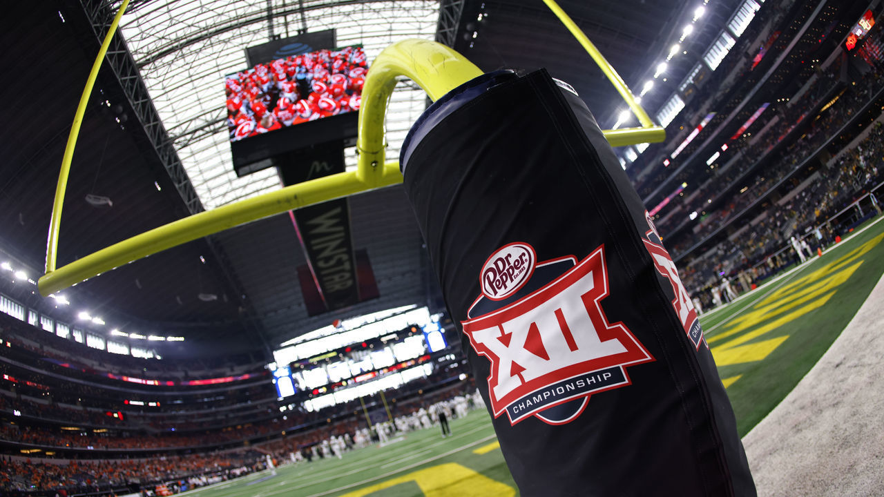 ARLINGTON, TX - DECEMBER 4: The Big 12 logo is seen on a goal post before the game between the Oklahoma State Cowboys and the Baylor Bears in the Big 12 Football Championship at AT&T Stadium on December 4, 2021 in Arlington, Texas. Baylor won 21-16.