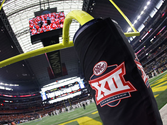 ARLINGTON, TX - DECEMBER 4: The Big 12 logo is seen on a goal post before the game between the Oklahoma State Cowboys and the Baylor Bears in the Big 12 Football Championship at AT&T Stadium on December 4, 2021 in Arlington, Texas. Baylor won 21-16.