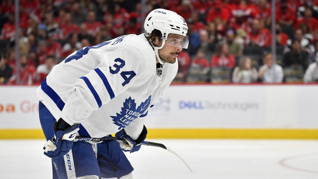 WASHINGTON, DC - APRIL 24: Maple Leafs center Auston Matthews (34) waits for a face-off during the Toronto Maple Leafs versus Washington Capitals National Hockey League game on April 24, 2022 at Capital One Arena in Washington, D.C..