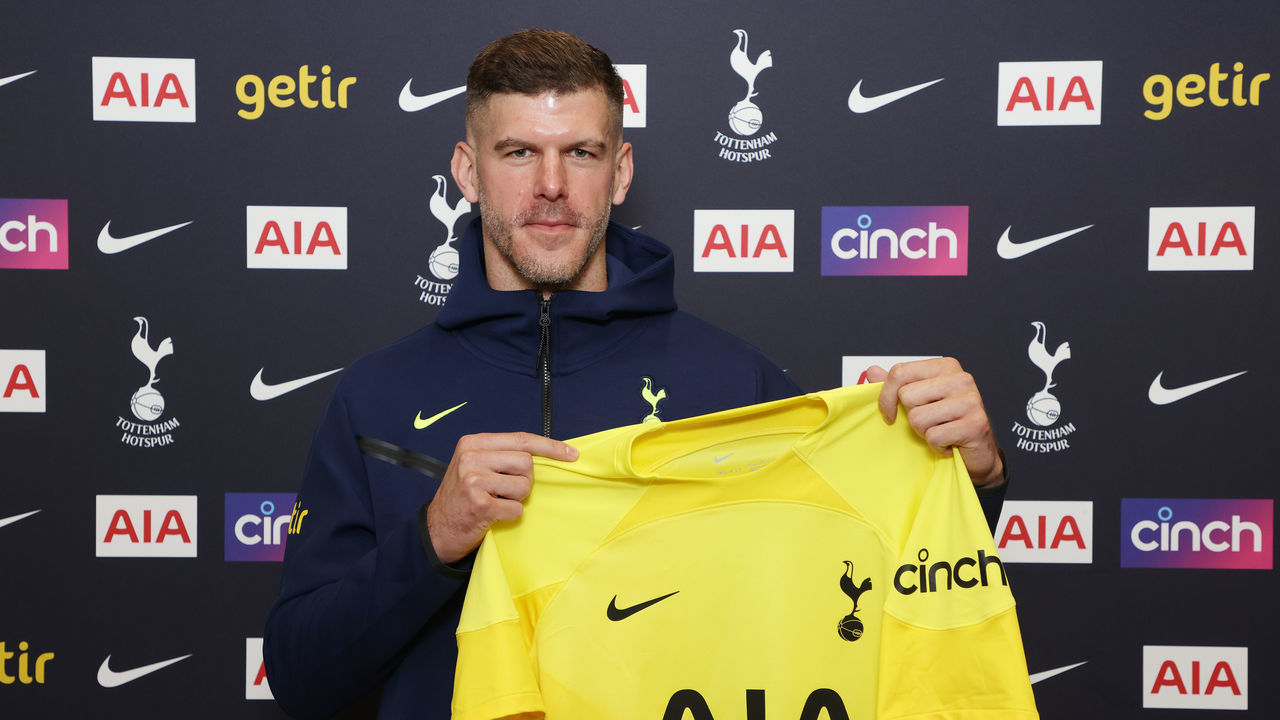 ENFIELD, ENGLAND - JUNE 08: Tottenham Hotspur new signing Fraser Forster poses for a photo at Tottenham Hotspur Training Centre on June 08, 2022 in Enfield, England.
