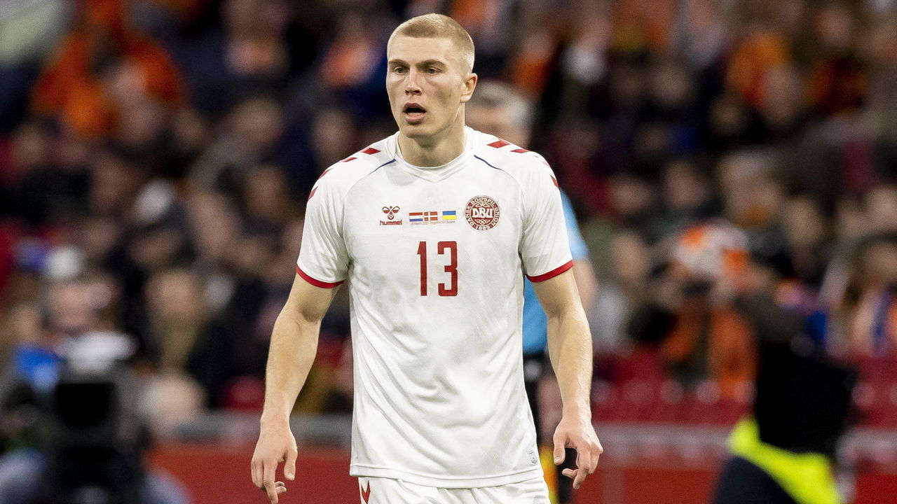 AMSTERDAM, NETHERLANDS - MARCH 26: Rasmus Kristensen of Denmark looks on during the international friendly match between Netherlands and Denmark at Johan Cruijff Arena on March 26, 2022 in Amsterdam, Netherlands.