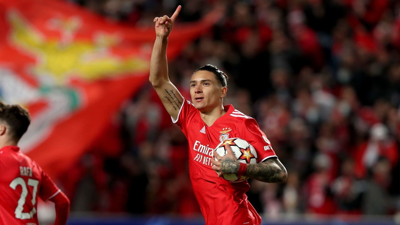 Darwin Nunez of SL Benfica celebrates after scoring a goal during the UEFA Champions League Quarter Final Leg One football match between SL Benfica and Liverpool FC at the Luz stadium in Lisbon, Portugal on April 5, 2022.