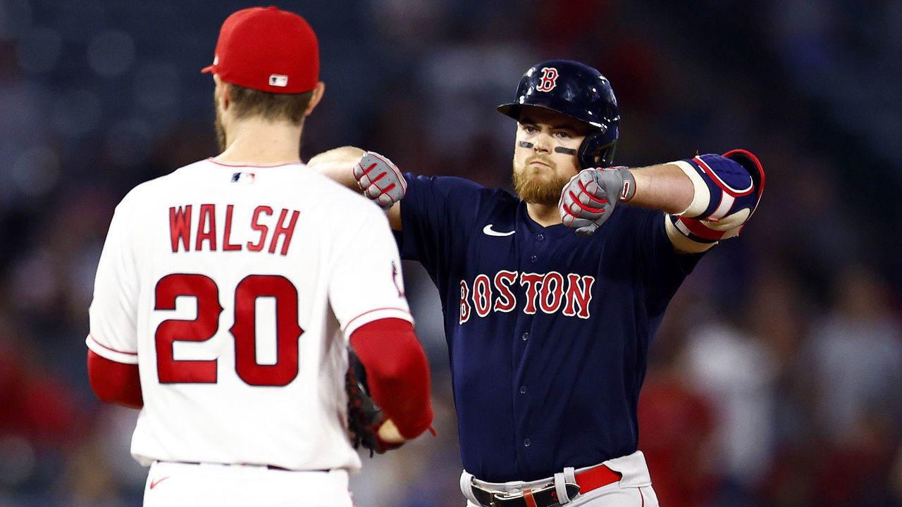ANAHEIM, CALIFORNIA - JUNE 08: Christian Arroyo #39 of the Boston Red Sox after hitting a double against the Los Angeles Angels in the fifth inning at Angel Stadium of Anaheim on June 08, 2022 in Anaheim, California.