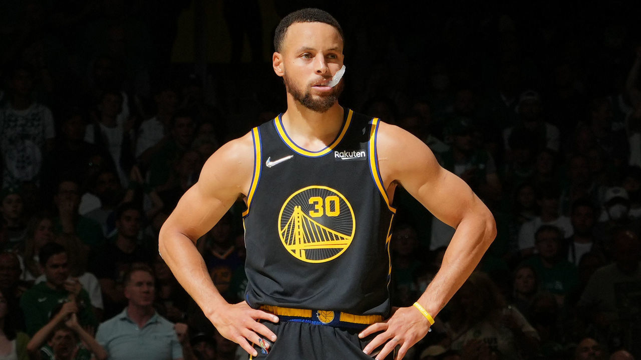 BOSTON, MA - JUNE 8: Stephen Curry #30 of the Golden State Warriors looks on during Game Three of the 2022 NBA Finals on June 8, 2022 at the TD Garden in Boston, Massachusetts. Mandatory Copyright Notice: Copyright 2022 NBAE