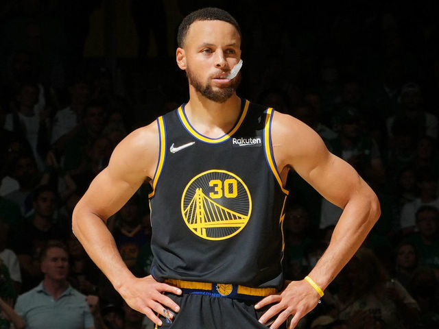 BOSTON, MA - JUNE 8: Stephen Curry #30 of the Golden State Warriors looks on during Game Three of the 2022 NBA Finals on June 8, 2022 at the TD Garden in Boston, Massachusetts. Mandatory Copyright Notice: Copyright 2022 NBAE
