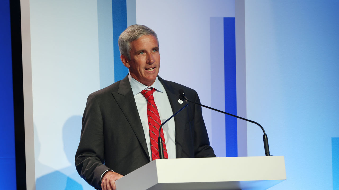 PONTE VEDRA BEACH, FLORIDA - MARCH 09: PGA Tour Commissioner Jay Monahan speaks during the 2022 World Golf Hall of Fame Induction at the PGA TOUR Global Home on March 09, 2022 in Ponte Vedra Beach, Florida.