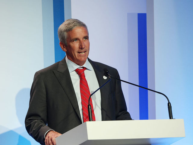 PONTE VEDRA BEACH, FLORIDA - MARCH 09: PGA Tour Commissioner Jay Monahan speaks during the 2022 World Golf Hall of Fame Induction at the PGA TOUR Global Home on March 09, 2022 in Ponte Vedra Beach, Florida.