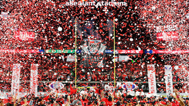 PARADISE, NV - DECEMBER 03: The University of Utah Utes celebrate after winning the PAC-12 Football Championship Game against the Oregon Ducks on December 3, 2021 at Allegiant Stadium in Las Vegas, Nevada.