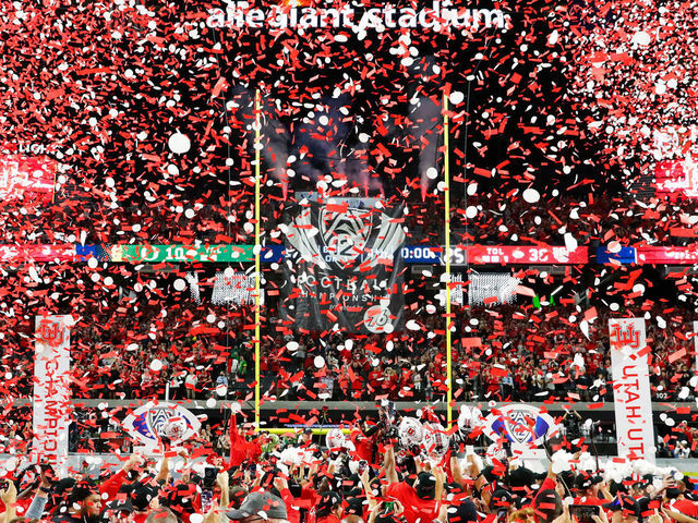 PARADISE, NV - DECEMBER 03: The University of Utah Utes celebrate after winning the PAC-12 Football Championship Game against the Oregon Ducks on December 3, 2021 at Allegiant Stadium in Las Vegas, Nevada.