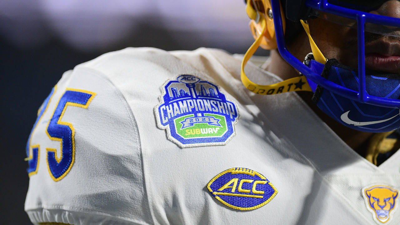 CHARLOTTE, NORTH CAROLINA - DECEMBER 04: Logo patch detail on Kaymar Mimes #25 of the Pittsburgh Panthers during warmups for the ACC Championship game against Wake Forest at Bank of America Stadium on December 04, 2021 in Charlotte, North Carolina.