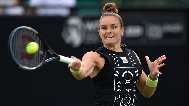 NOTTINGHAM, ENGLAND - JUNE 07: Maria Sakkari of Greece plays a forehand against Camila Osorio of Columbia during the Women's Singles First Round match on day 4 of The Rothesay Open at Nottingham Tennis Centre on June 07, 2022 in Nottingham, England.