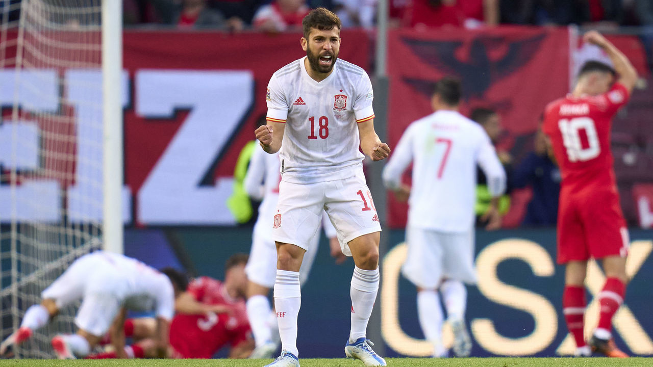 GENEVA, SWITZERLAND - JUNE 09: Jordi Alba of Spain celebrates after the first goal of his team scored by Pablo Sarabia (not in frame) during the UEFA Nations League League A Group 2 match between Switzerland and Spain at Stade de Geneve on June 09, 2022 in Geneva, Switzerland.