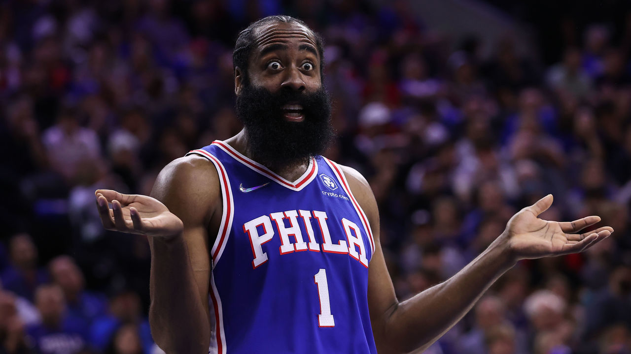 PHILADELPHIA, PA, USA - MAY 12: James Harden of Philadelphia 76ers reacts during NBA semifinals between Philadelphia 76ers and Miami Heat at the Wells Fargo Center in Philadelphia, Pennsylvania, United States on May 12, 2022.