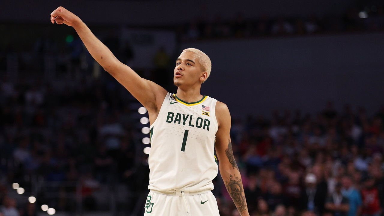 FORT WORTH, TEXAS - MARCH 19: Jeremy Sochan #1 of the Baylor Bears reacts after shooting the ball in the second half of the game against the North Carolina Tar Heels during the second round of the 2022 NCAA Men's Basketball Tournament at Dickies Arena on March 19, 2022 in Fort Worth, Texas.