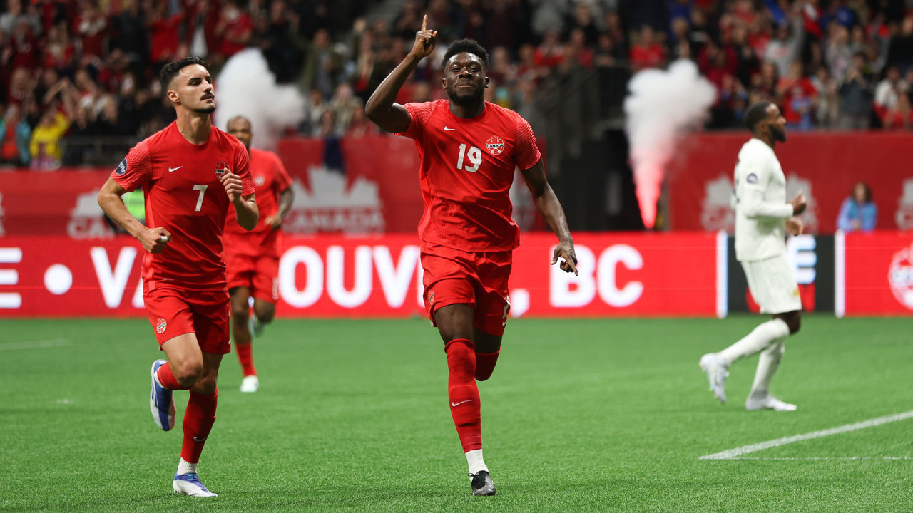 VANCOUVER, BC - JUNE 09: Alphonso Davies of Canada celebrates after scoring a goal to make it 1-0 the Canada v Curacao CONCACAF Nations League Group C match at BC Place on June 9, 2022 in Vancouver, Canada.