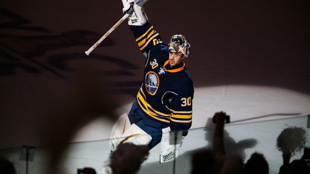 BUFFALO, NY - APRIL 20: Ryan Miller #30 of the Buffalo Sabres celebrates their 1-0 victory over the Philadelphia Flyers in Game Four of the Eastern Conference Quarterfinals during the 2011 NHL Stanley Cup Playoffs at HSBC Arena on April 20, 2011 in Buffalo, New York.