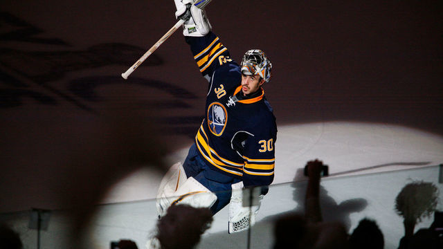 BUFFALO, NY - APRIL 20: Ryan Miller #30 of the Buffalo Sabres celebrates their 1-0 victory over the Philadelphia Flyers in Game Four of the Eastern Conference Quarterfinals during the 2011 NHL Stanley Cup Playoffs at HSBC Arena on April 20, 2011 in Buffalo, New York.