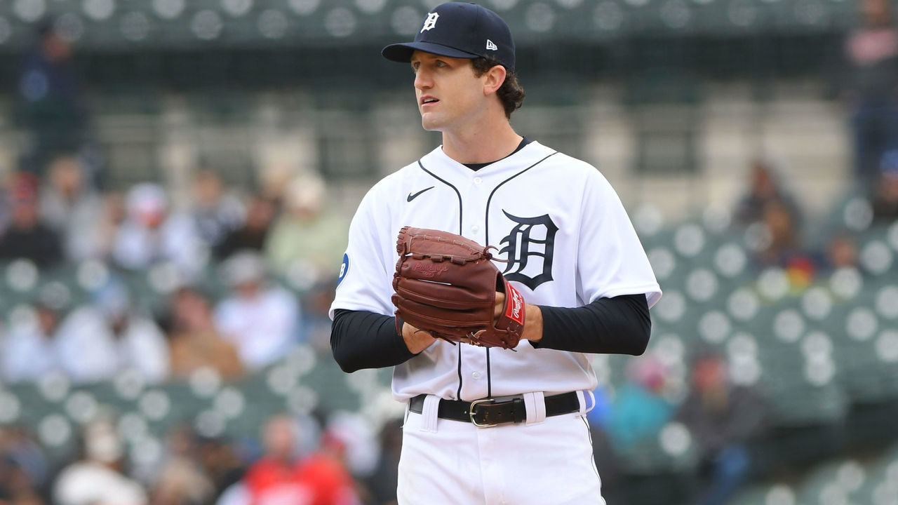 DETROIT, MI - APRIL 09: Casey Mize #12 of the Detroit Tigers looks on during the game against the Chicago White Sox at Comerica Park on April 9, 2022 in Detroit, Michigan. The White Sox defeated the Tigers 5-2.