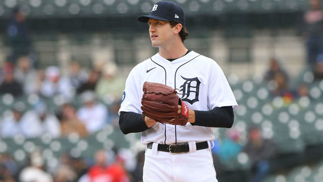 DETROIT, MI - APRIL 09: Casey Mize #12 of the Detroit Tigers looks on during the game against the Chicago White Sox at Comerica Park on April 9, 2022 in Detroit, Michigan. The White Sox defeated the Tigers 5-2.