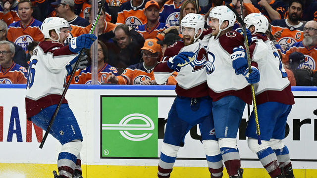 EDMONTON, ALBERTA - JUNE 06: Colorado Avalanche right wing Mikko Rantanen (96), Colorado Avalanche defenseman Devon Toews (7), Colorado Avalanche left wing Artturi Lehkonen (62) and Colorado Avalanche right wing Logan O'Connor (25) celebrate Lehkonen"u2019s overtime game winning goal against the Edmonton Oilers to win the NHL Stanley Cup Western Conference Final at Rogers Place June 06, 2022. The Avalanche won 6-5 to advance to the Stanley Cup Final.