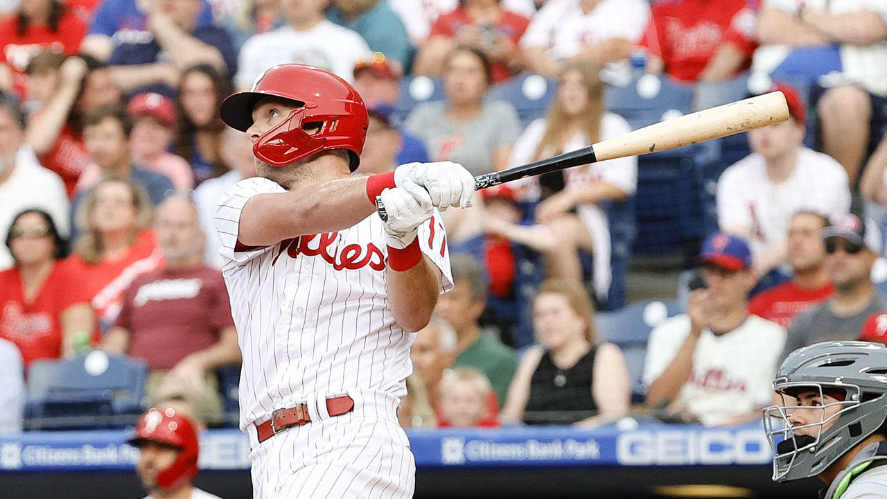 Philadelphia Phillies - Rhys Hoskins and Bryce Harper celebrating Hoskins'  solo home run.