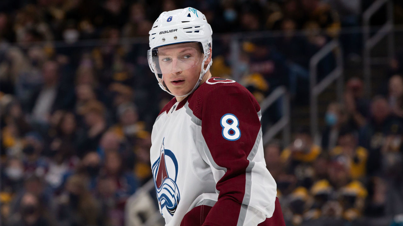 BOSTON, MA - FEBRUARY 21: Cale Makar #8 of the Colorado Avalanche skates against the Boston Bruins during the first period at the TD Garden on February 21, 2022 in Boston, Massachusetts. The Bruins won 5-1.