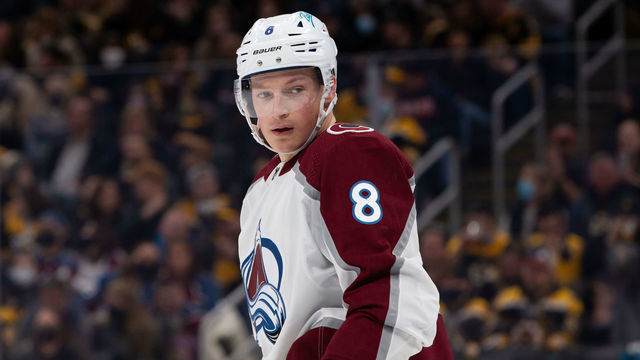 BOSTON, MA - FEBRUARY 21: Cale Makar #8 of the Colorado Avalanche skates against the Boston Bruins during the first period at the TD Garden on February 21, 2022 in Boston, Massachusetts. The Bruins won 5-1.