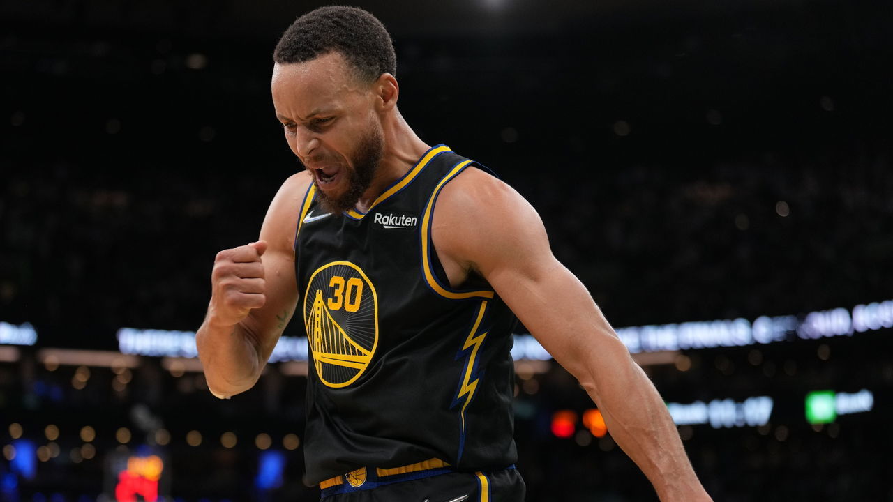 BOSTON, MA - JUNE 10: Stephen Curry #30 of the Golden State Warriors celebrates during Game Four of the 2022 NBA Finals on June 10, 2022 at TD Garden in Boston, Massachusetts. NOTE TO USER: User expressly acknowledges and agrees that, by downloading and or using this photograph, user is consenting to the terms and conditions of Getty Images License Agreement. Mandatory Copyright Notice: Copyright 2022 NBAE