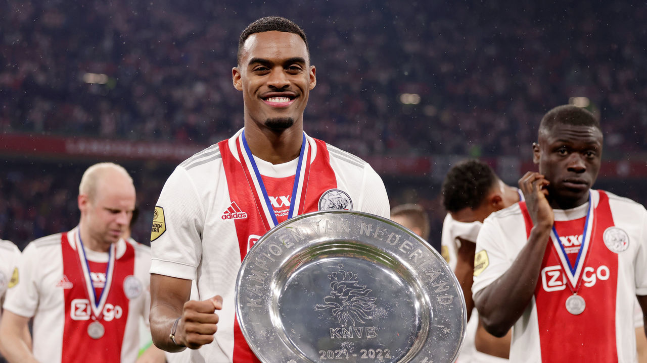 AMSTERDAM, NETHERLANDS - MAY 11: Ryan Gravenberch of Ajax celebrating the championship with the trophy dish during the Dutch Eredivisie match between Ajax v SC Heerenveen at the Johan Cruijff Arena on May 11, 2022 in Amsterdam Netherlands