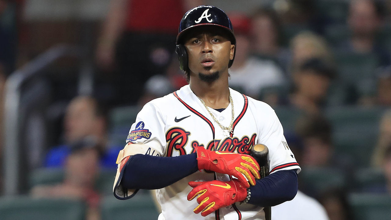 ATLANTA, GA - JUNE 08: Ozzie Albies #1 of the Atlanta Braves looks on during the Wednesday evening MLB game between the Atlanta Braves and the Oakland Athletics on June 8, 2022 at Truist Park in Atlanta, Georgia.