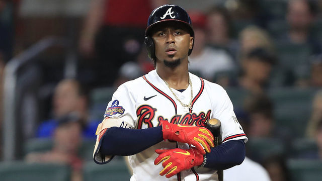 ATLANTA, GA - JUNE 08: Ozzie Albies #1 of the Atlanta Braves looks on during the Wednesday evening MLB game between the Atlanta Braves and the Oakland Athletics on June 8, 2022 at Truist Park in Atlanta, Georgia.