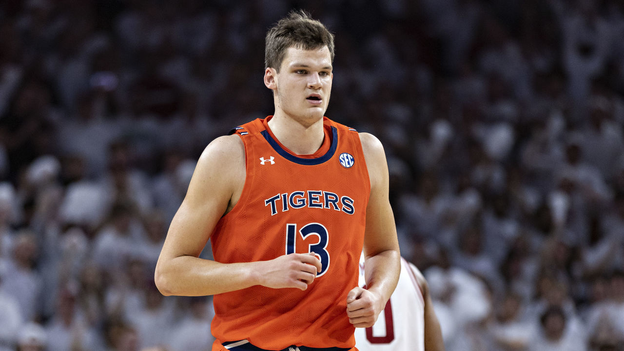 FAYETTEVILLE, ARKANSAS - FEBRUARY 08: Walker Kessler #3 of the Auburn Tigers jogs down the court during a game against the Arkansas Razorbacks at Bud Walton Arena on February 08, 2022 in Fayetteville, Arkansas. The Razorbacks defeated the Tigers 80-76.
