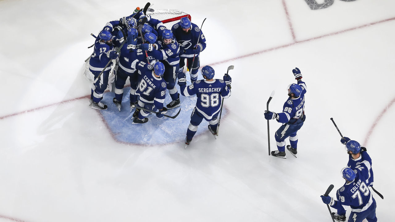 TAMPA, FL - JUNE 11: The Tampa Bay Lightning celebrate the series win against the New York Rangers after Game Six of the Eastern Conference Final of the 2022 Stanley Cup Playoffs at Amalie Arena on June 11, 2022 in Tampa, Florida.