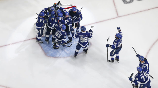 TAMPA, FL - JUNE 11: The Tampa Bay Lightning celebrate the series win against the New York Rangers after Game Six of the Eastern Conference Final of the 2022 Stanley Cup Playoffs at Amalie Arena on June 11, 2022 in Tampa, Florida.