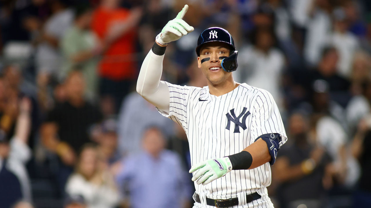 NEW YORK, NEW YORK - JUNE 11: Aaron Judge #99 of the New York Yankees reacts after hitting his second home run of the game in the fifth inning against the Chicago Cubs at Yankee Stadium on June 11, 2022 in New York City.